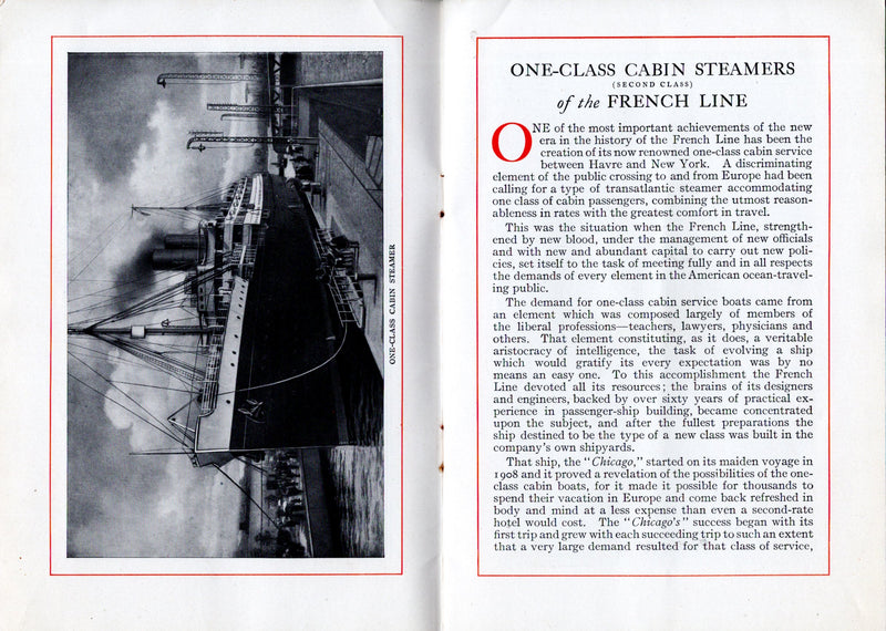 Various: pre-war - 1911 French Line "One-Class Steamers" brochure w/ plans & interiors - very good