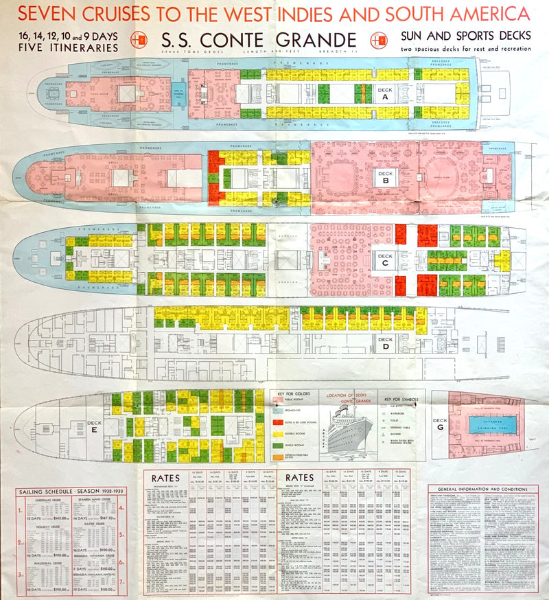 CONTE GRANDE: 1928 - Large fold-out cruise brochure w/ color interiors & deck plan