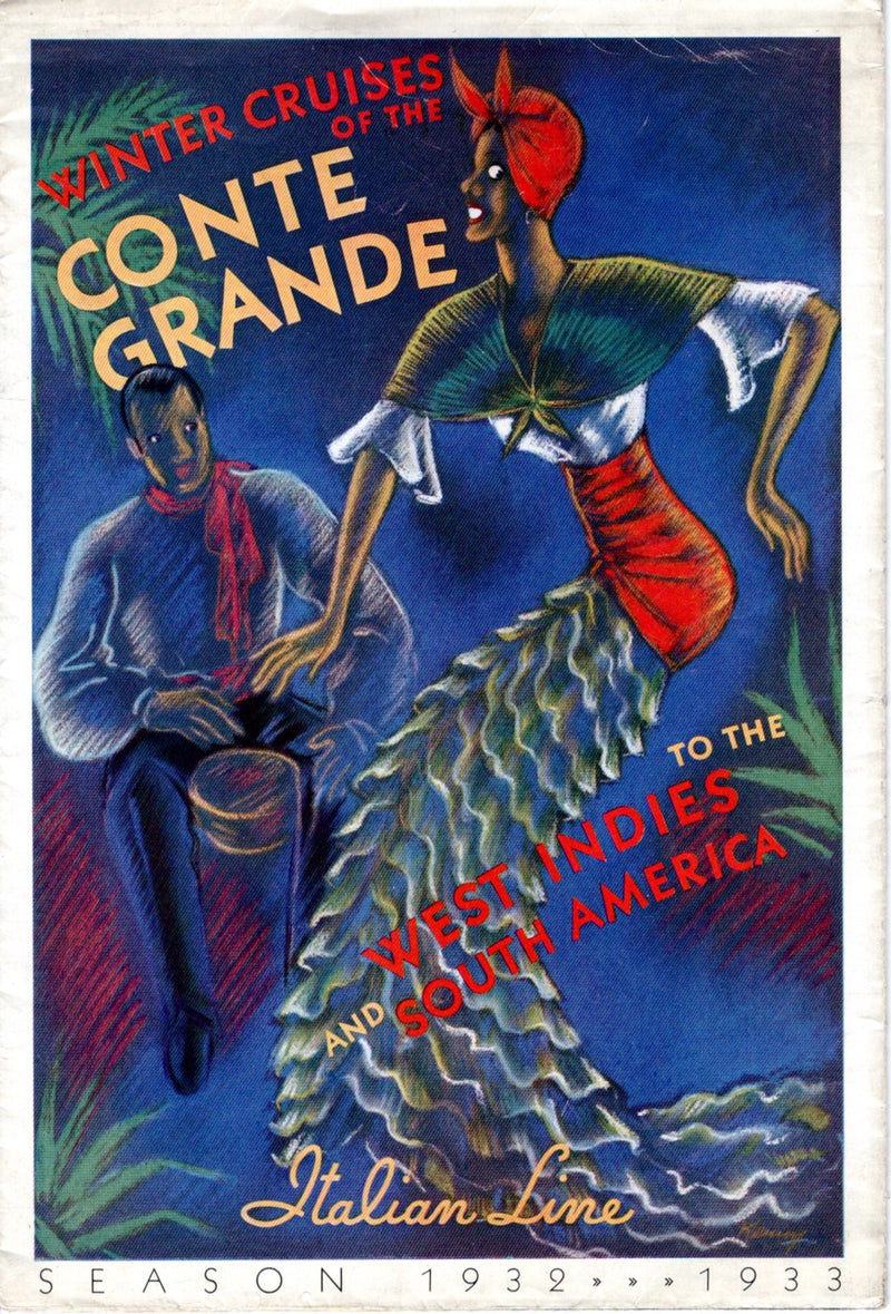CONTE GRANDE: 1928 - Large fold-out cruise brochure w/ color interiors & deck plan