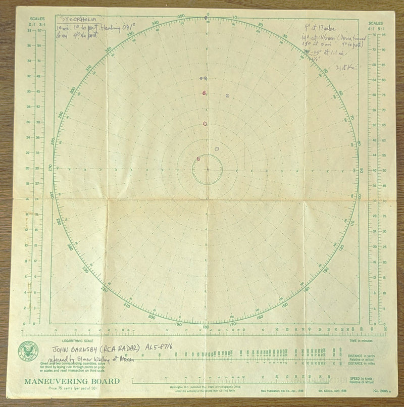 ANDREA DORIA & STOCKHOLM - Original maneuvering board showing disaster corordinates