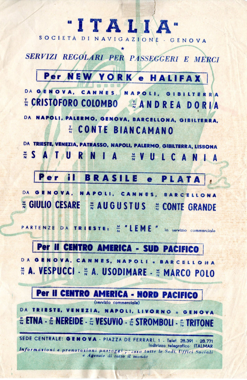 Various Ships - Italian Line handbill from mid-1950s listing extensive fleet