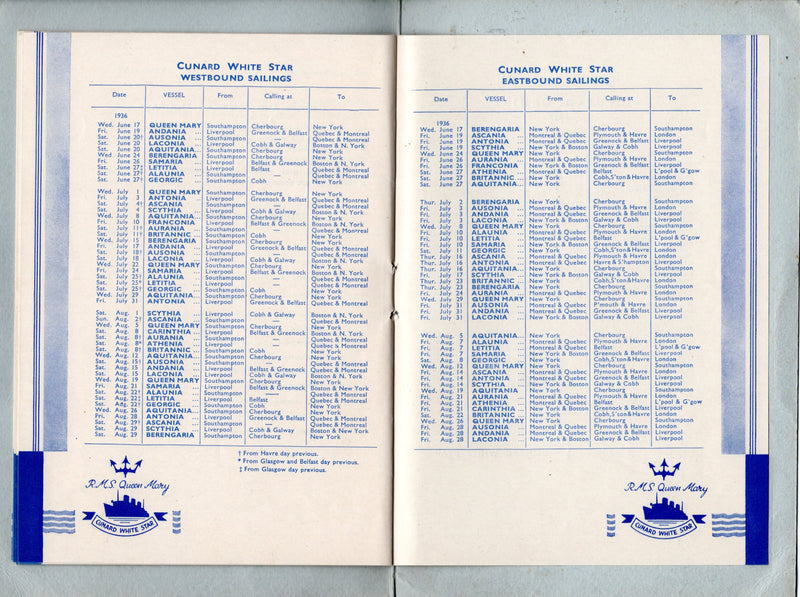QUEEN MARY: 1936 - Voyage #2 Cabin (First) Class passenger list from June 17, 1936