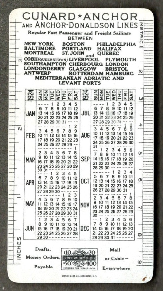 AQUITANIA: 1914 - Celluloid portrait card w/ 1924 calendar