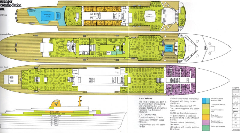 FAIRSTAR: 1957 - Deluxe 1977-78 Australian cruise brochure w/ interiors & plans
