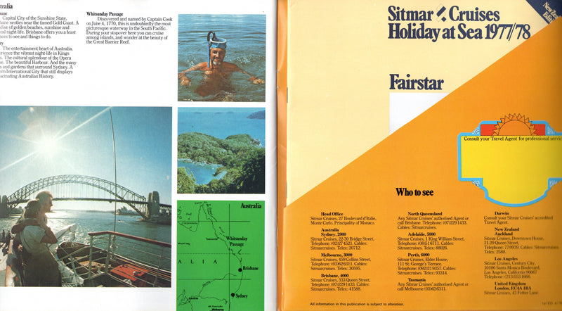 FAIRSTAR: 1957 - Deluxe 1977-78 Australian cruise brochure w/ interiors & plans