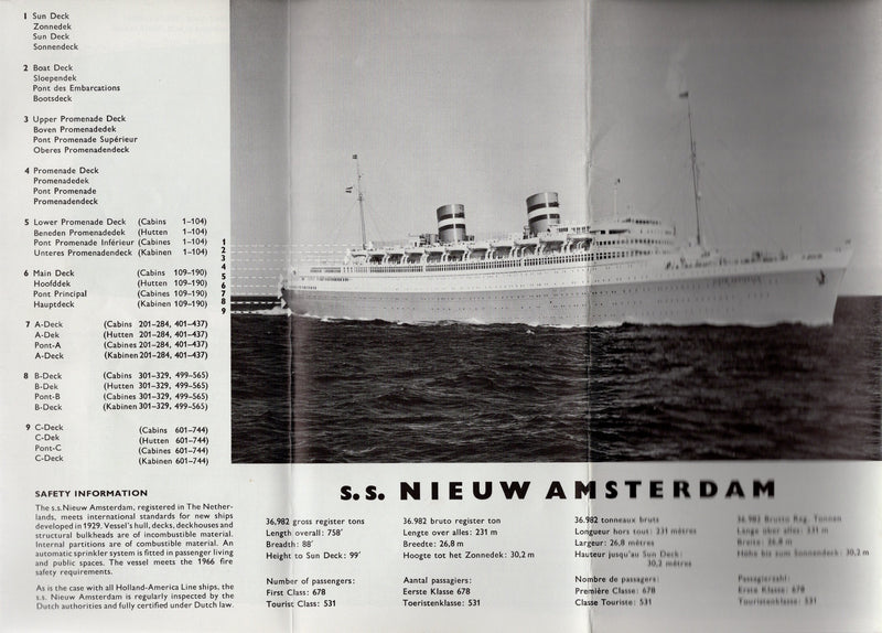 NIEUW AMSTERDAM: 1938 - First & Tourist deck plan from 1968