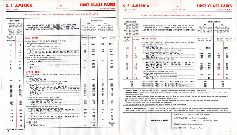 AMERICA & UNITED STATES - Detailed, 24-page 1958 passenger rates brochure