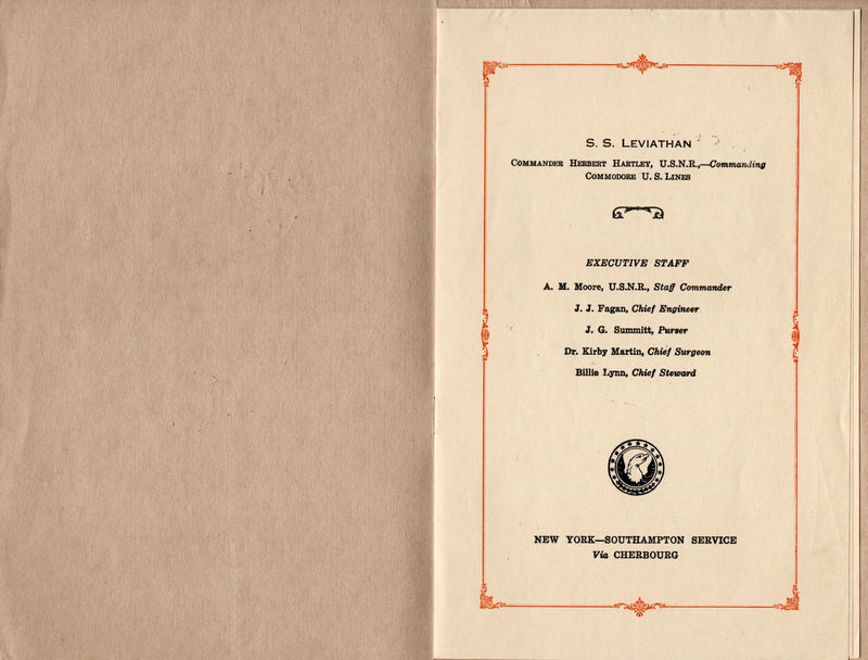 LEVIATHAN: 1914 - First Class Diner d'Adieu menu from 19269