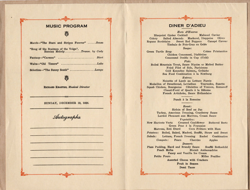 LEVIATHAN: 1914 - First Class Diner d'Adieu menu from 19269