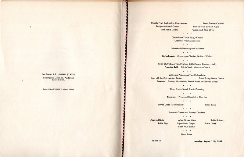 UNITED STATES: 1952 - First Class Gala Menu w/ messages August 11, 1952