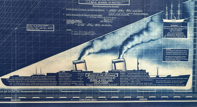 UNITED STATES: 1952 - Original Blue Riband chart & sketches by Gibbs & Cox draftsman #1