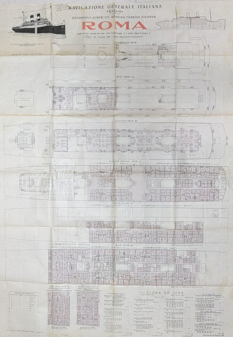 ROMA: 1926 - Large maiden year First Class tissue deck plan