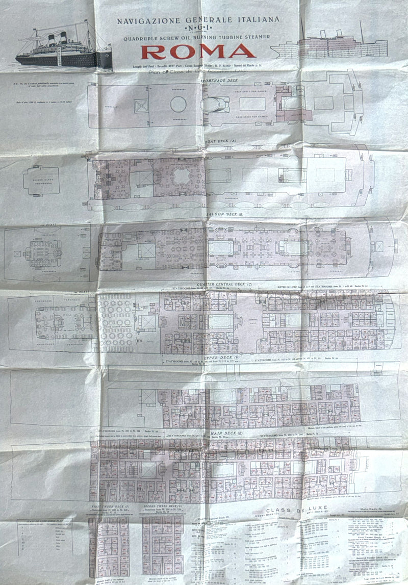 ROMA: 1926 - Large 1926 First & Second class tissue deck plan