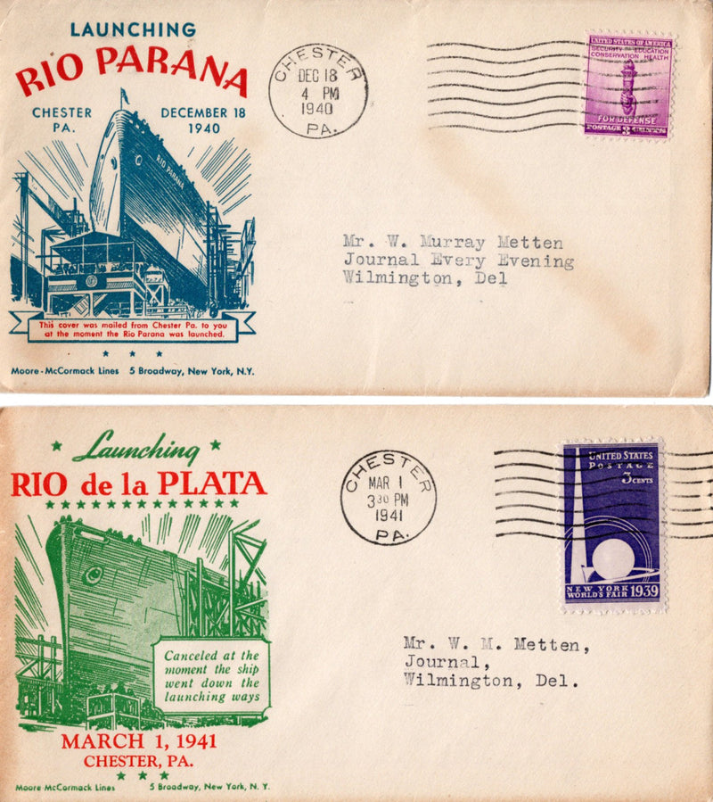RIO PARANA & RIO DE LA PLATA: 1941 - 2 launch cachets for ships that went to war