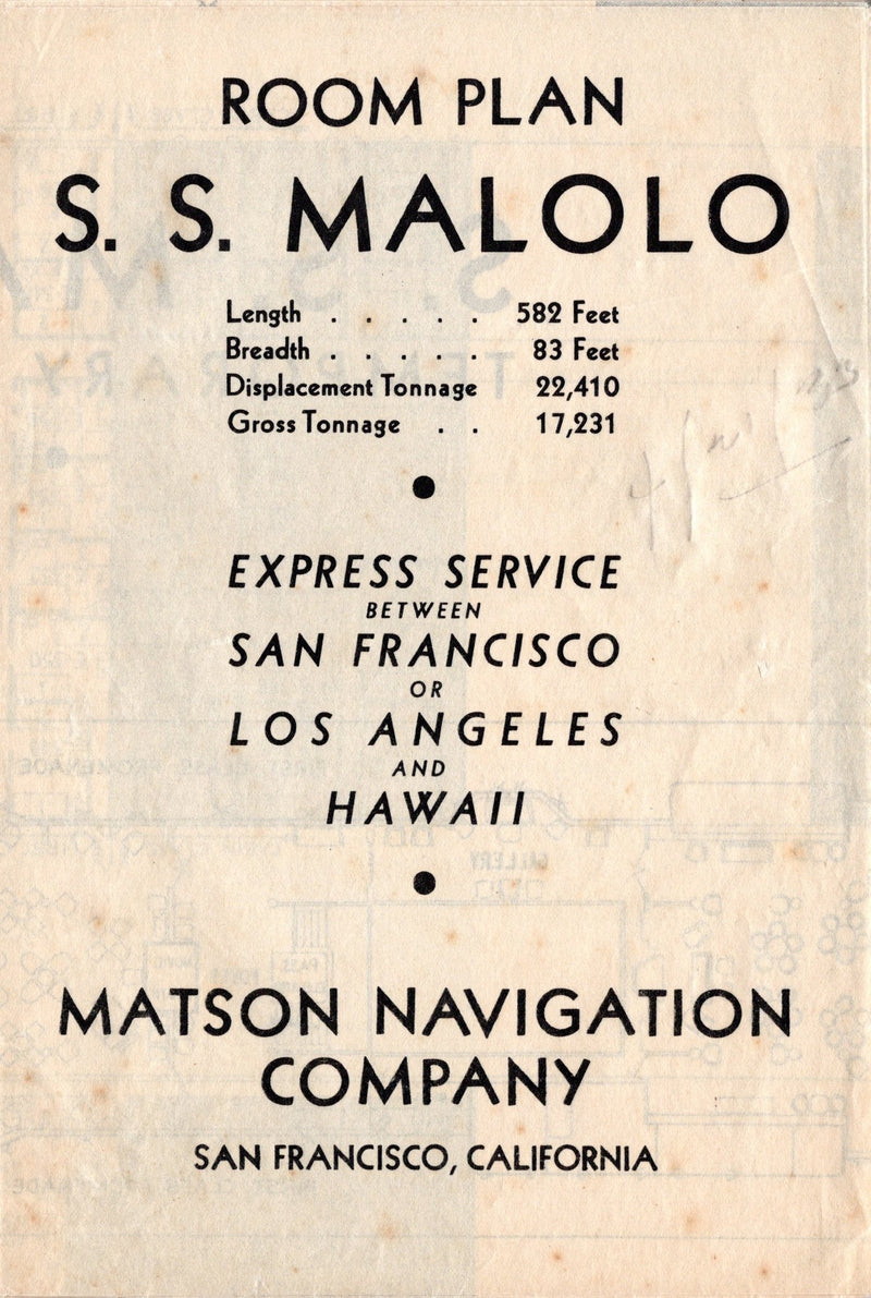 MALOLO: 1927 - Large full-ship deck plan from early 1930s