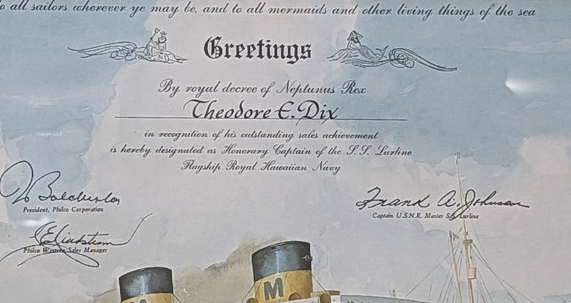 LURLINE: 1933 - Framed Neptune certificate from 1951 Philco sales cruise