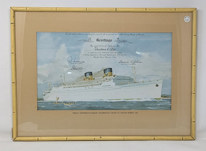 LURLINE: 1933 - Framed Neptune certificate from 1951 Philco sales cruise