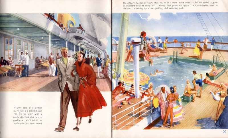 ATLANTIC & ITALIA - Home Lines 1950 deluxe interiors brochure w/ Storace illustrations