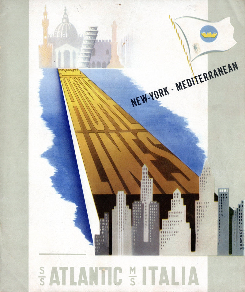 ATLANTIC & ITALIA - Home Lines 1950 deluxe interiors brochure w/ Storace illustrations