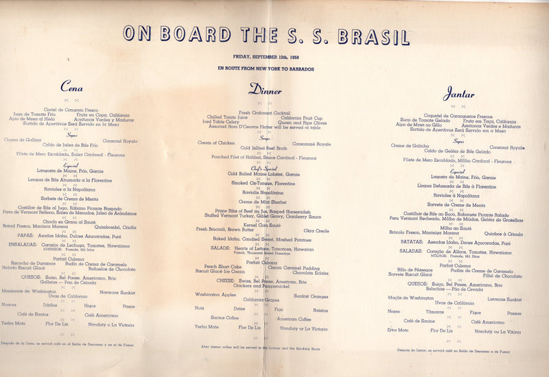 BRASIL: 1958 - Maiden voyage 1st night dinner menu
