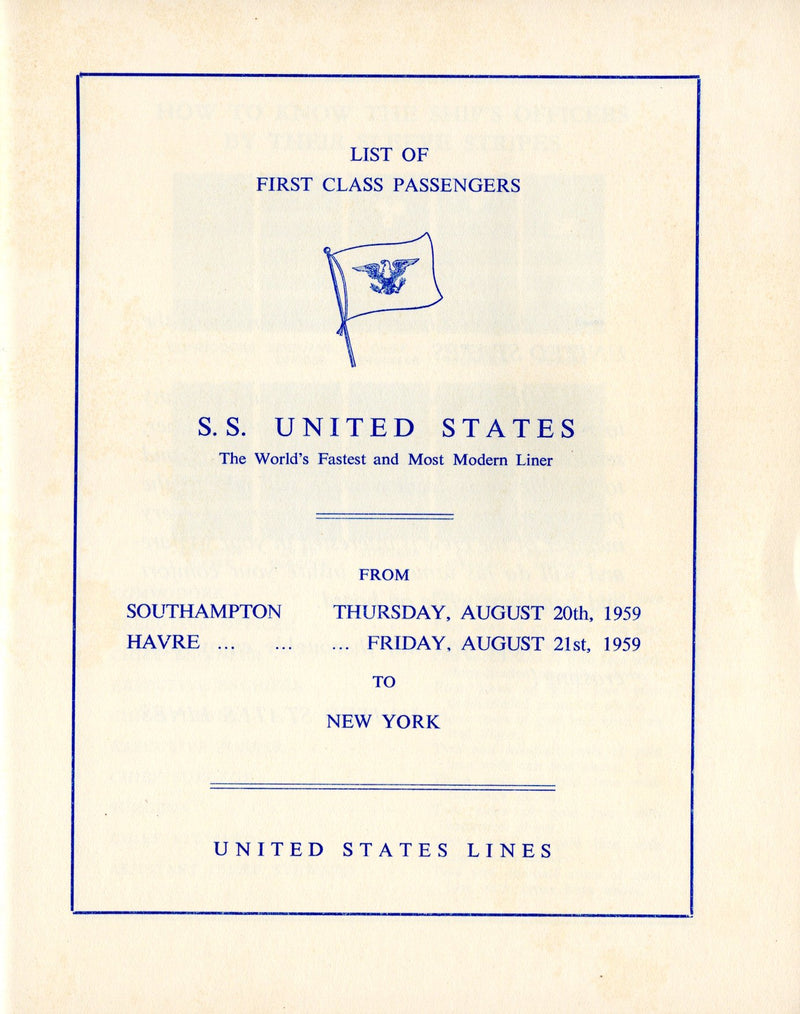 UNITED STATES: 1952 - Busy First Class pax list Aug. 20, 1959