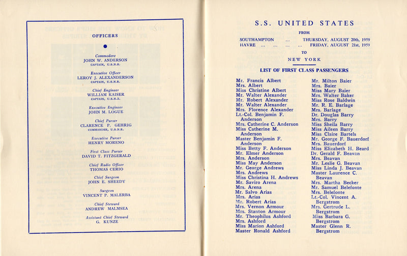 UNITED STATES: 1952 - Busy First Class pax list Aug. 20, 1959