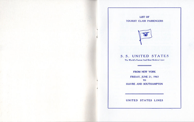 UNITED STATES: 1952 - Tourist Class pax list June 21, 1963