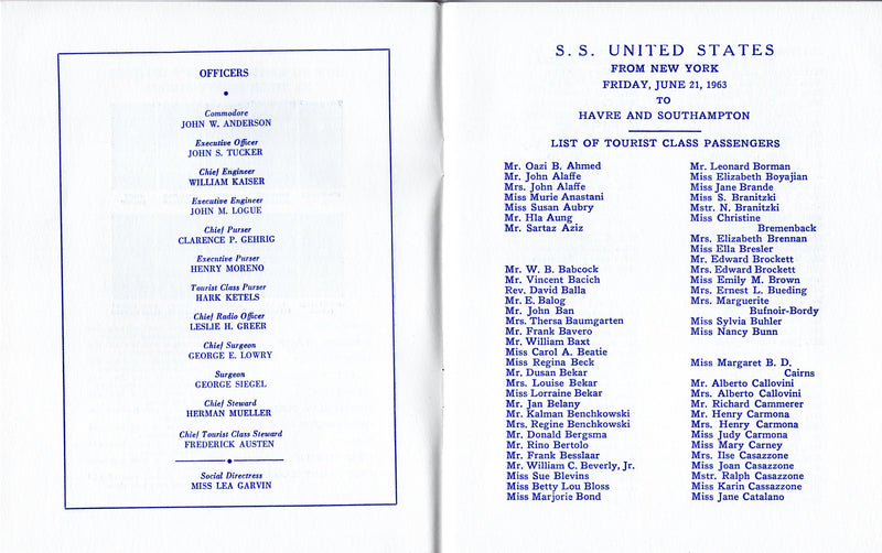 UNITED STATES: 1952 - Tourist Class pax list June 21, 1963