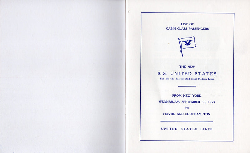 UNITED STATES: 1952 - First Class pax list Sept. 30, 1953