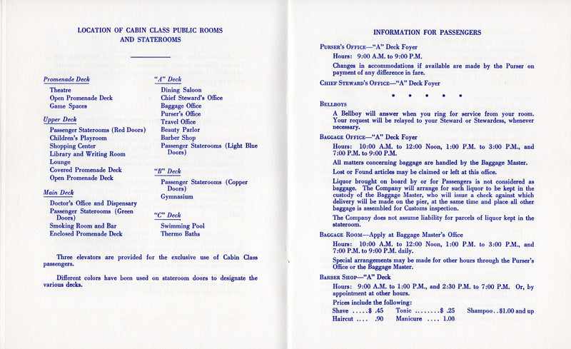 UNITED STATES: 1952 - First Class pax list Sept. 30, 1953