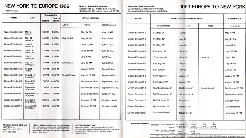 QE2: 1969 - A tale of 2 maiden voyage sailing schedules from '68 & '69