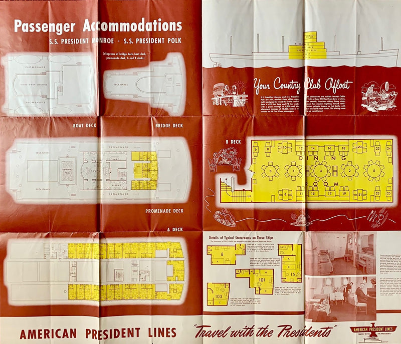 PRESIDENT MONROE & PRESIDENT POLK: 1941 - Large fold-out 1953 brochure w/ plans & interiors