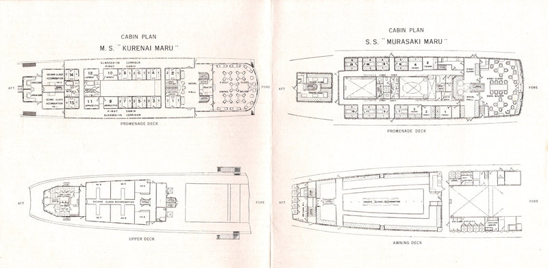 MURASAKI MARU & KURENAI MARU - "The Inland Sea" brochure w/ plans from 1930s