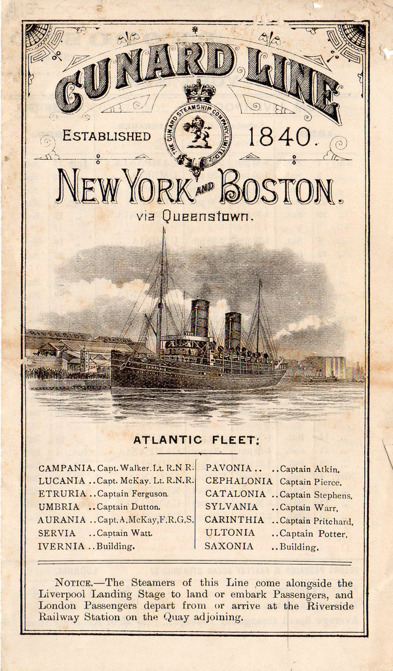 Various: pre-war - 1899 Cunard sailing schedule