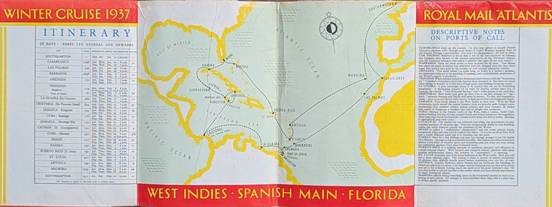 ATLANTIS: 1913 - 1937 Caribbean cruise brochure w/ deck plans