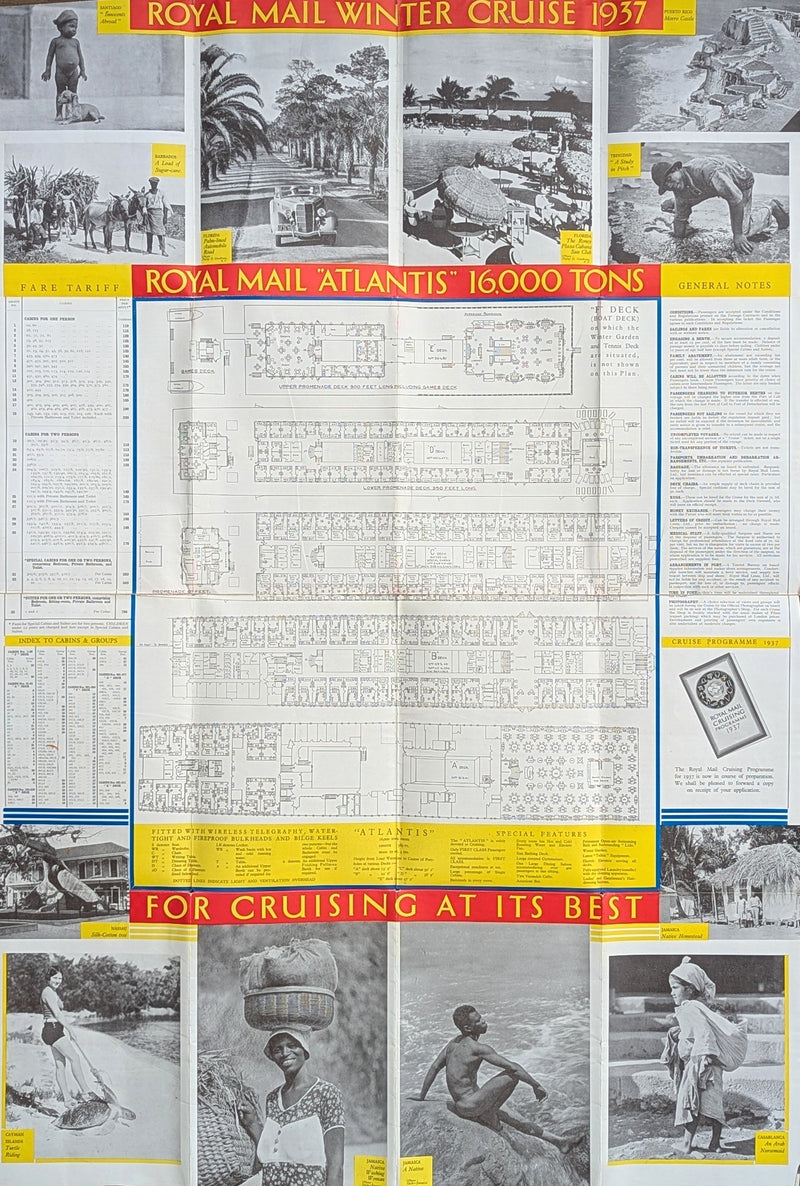 ATLANTIS: 1913 - 1937 Caribbean cruise brochure w/ deck plans