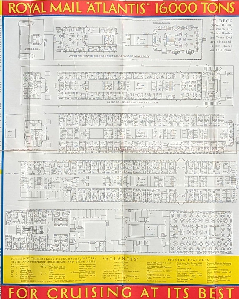 ATLANTIS: 1913 - 1937 Caribbean cruise brochure w/ deck plans