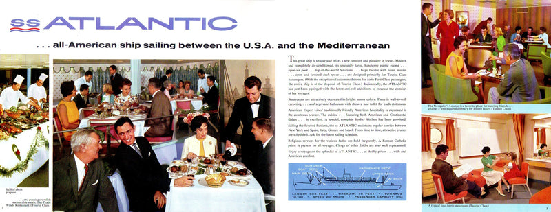 ATLANTIC: 1958 - Deluxe deck plan brochure w/ color interiors