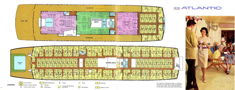 ATLANTIC: 1958 - Deluxe deck plan brochure w/ color interiors