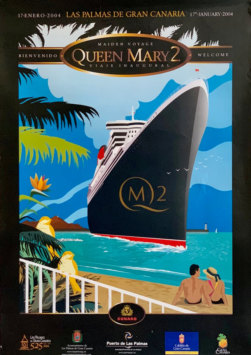 QM2: 2004 - Canary Islands maiden cruise 2-sided welcoming poster
