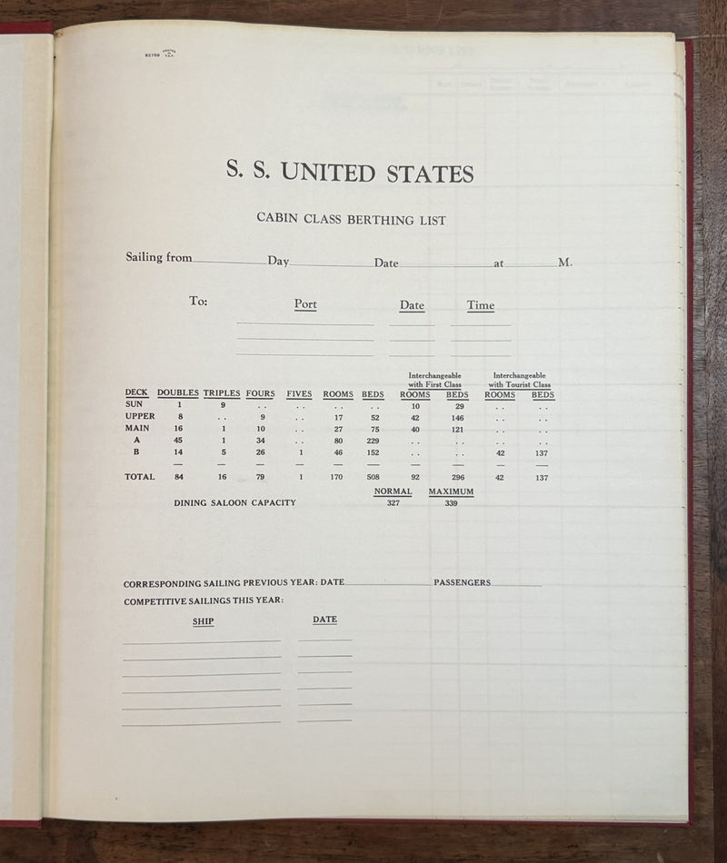 UNITED STATES: 1952 - Original hardbound USL Cabin Class berthing book