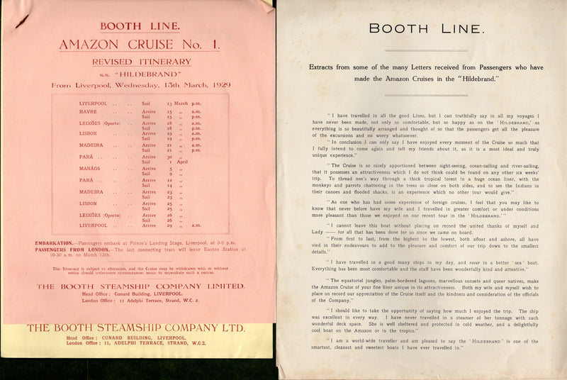 HILDEBRAND: 1911 - Deluxe 1929 Booth Line exotic cruises up the Amazon