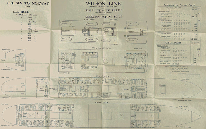 CITY OF PARIS: 1922 - Large cruise deck plan from 1935