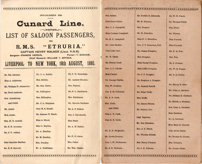 ETRURIA: 1885 - First Class passenger list 10 August 1895