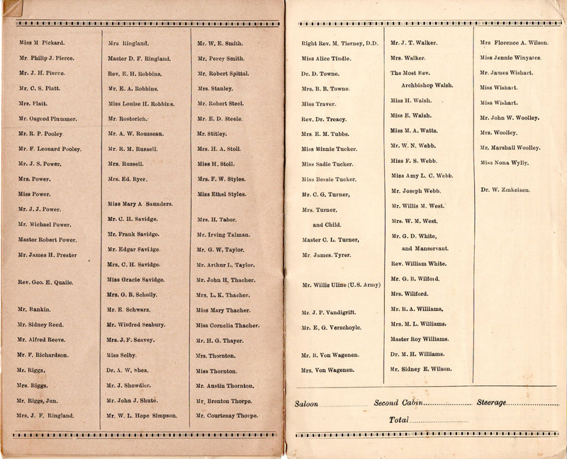 ETRURIA: 1885 - First Class passenger list 10 August 1895