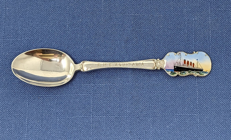 AQUITANIA: 1914 - Sterling silver souvenir spoon w/ color enamel portrait