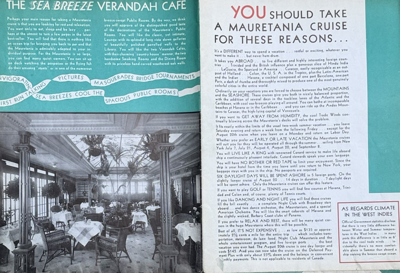 MAURETANIA: 1907 - Large 1934 cruise brochure/deck plans from near the end