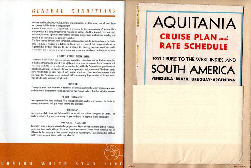 AQUITANIA: 1914 - Novel & deluxe 2-sided 1937 cruise brochure w/ separate deck plan