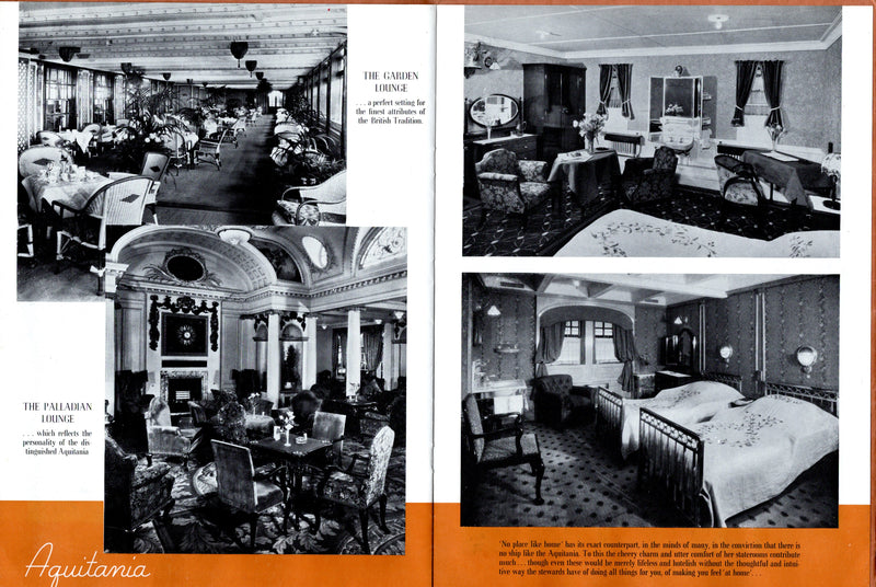 AQUITANIA: 1914 - Novel & deluxe 2-sided 1937 cruise brochure w/ separate deck plan