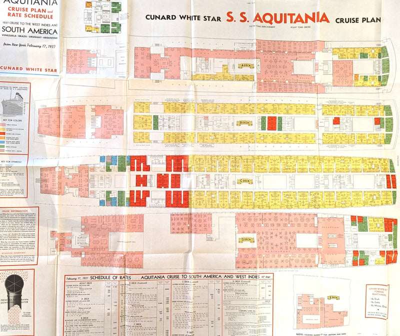 AQUITANIA: 1914 - Novel & deluxe 2-sided 1937 cruise brochure w/ separate deck plan